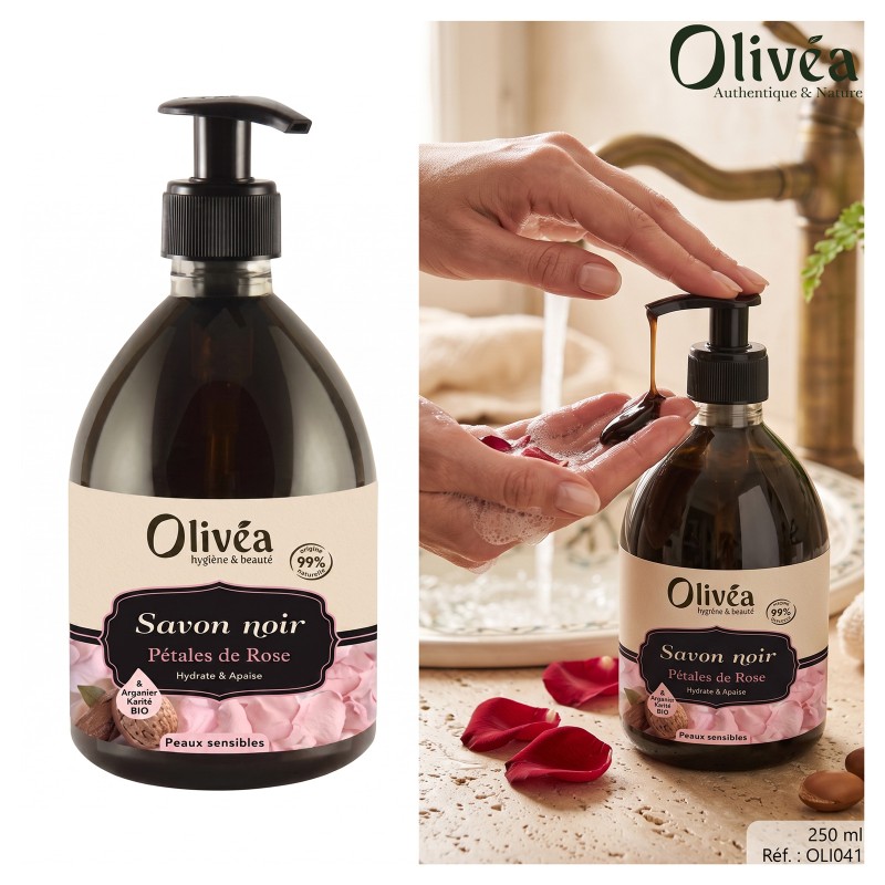 Savon noir liquide aux pétales rose - olivea